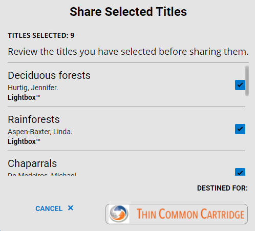 Share Selected Titles confirmation page.